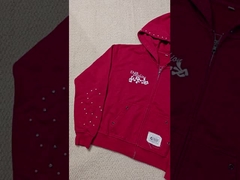 Sudadera con capucha roja lavada a medida, bordado desgastado, algodón French Terry, gemas, perlas, corte holgado y cuadrado
