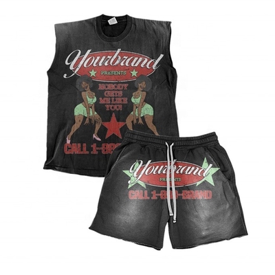 comprar Apoyo Logotipo personalizado Sol desvanecido Acid Wash Vintage camiseta sin mangas y pantalones cortos online manufacture