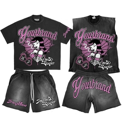 comprar Logotipo personalizado Acid Wash Hoodies Short Sweat Shorts Top Negro de cultivo y Tank Top sin manga online manufacture