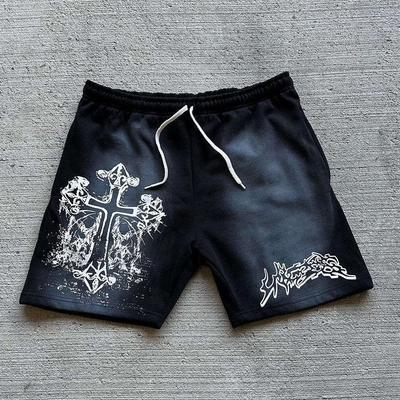 comprar Pantalones cortos de lavado con ácido de época para hombres de punto con impresión gráfica a medida en algodón francés online manufacture