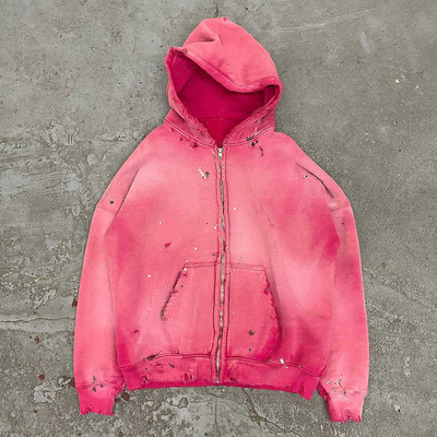 comprar Acid wash zip up con capucha hombres mujeres 500gm rosa en blanco Acid wash vintage agujero rasgado angustiado online manufacture