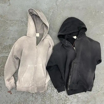 comprar Vintage de los hombres lavado con ácido Sol desvanecido angustiado Full Zip Up Hoodie Peso pesado Terry francés online manufacture