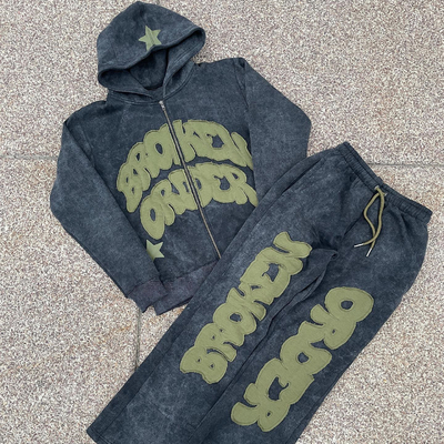 comprar Vintage Distressed Patch Aplique Embroidery Hoodie Set con opciones de color personalizables online manufacture