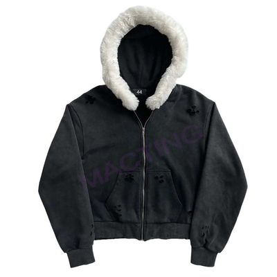 comprar Lavado sólido con ácido Sol desvanecido angustiado Personalizado con cremallera con capucha abrigo con cuello de piel online manufacture