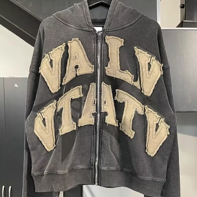 comprar 450 Gsm Peso pesado Francés Terry Vintage Acid Wash Distressed Patch Embroidery Pullover con capucha online manufacture