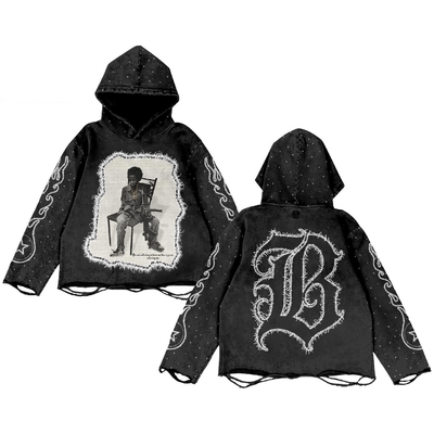 comprar Blusa con capucha negra de piedra vintage con bordado en la angustia Parche de bordado 220 gramos Limpieza con ácido de peso pesado online manufacture