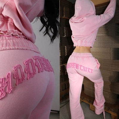 comprar Acido lavado cremallera con capucha traje de deporte niños marrón ropa de calle de mujeres parche bordado corredores lavados online manufacture