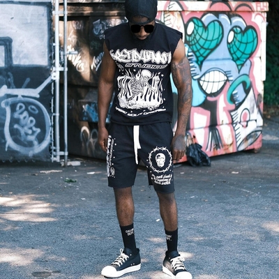 comprar 2024 Verano Corrida Acido Lavado Ansiedad Manga sin Mangas Hem Raw 2 Pieces Shorts de camiseta online manufacture