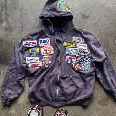 comprar Hoodie de peso pesado para hombres con patchwork bordado y aplicación de acidez. online manufacture