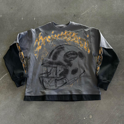 comprar camiseta de manga larga lavada negra camiseta de peso pesado masculino de lavado con ácido camiseta estilo Hip Hop online manufacture