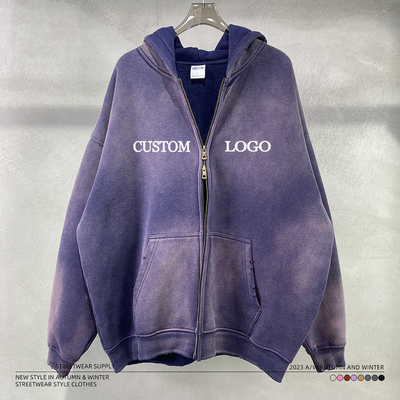 comprar Vintage Acid Wash Sol Desvanecido Distressed Zip Up Hoodie en blanco para ropa callejera de logotipo personalizado online manufacture