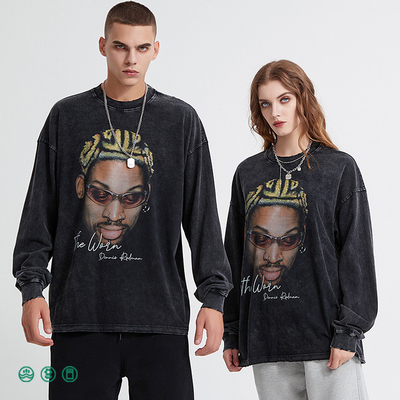 comprar Hip Hop masculino lavado con ácido cuello de la tripulación sudadera atlética negra Distressed Vintage camiseta Terry Tejido online manufacture