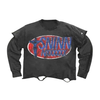 comprar camisetas de manga larga personalizadas Vintage Lavado Rasgado 250Gsm Camiseta de doble capa 100 algodón online manufacture