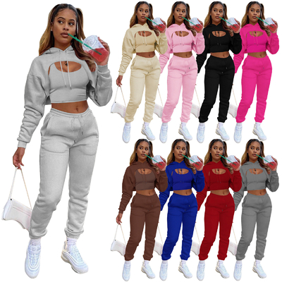 comprar Imprimidos Trajes de mujer rosa 3 piezas Conjunto Top de cultivo con capucha y corredores con capucha recortada online manufacture