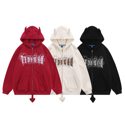 comprar Camiseta con capucha con cremallera de 8 oz 12 onzas cuerno del diablo imprimido lana en blanco unisex pareja hombres de gran tamaño pullover con cremallera completa online manufacture
