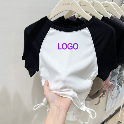 comprar Custom Y2K Cotton con costillas de contraste de color de cultivo superior curvado de la cuerda de dibujo Manga corta mujeres online manufacture