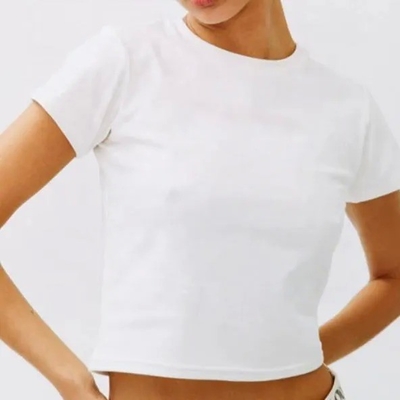comprar Camiseta delgada en blanco para mujer Camiseta de algodón transpirable con tapa corta Cuello de tripulación de punto Popular online manufacture