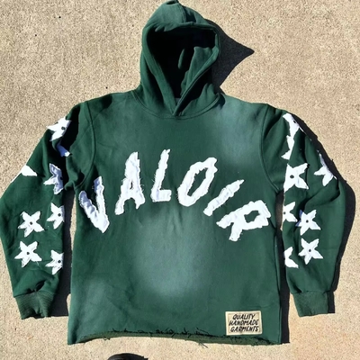 comprar Vintage Applique Distressed Hoodie Pullover lavado con ácido sudadera cortada con el sol Desvanecido lavado con ácido cortado online manufacture