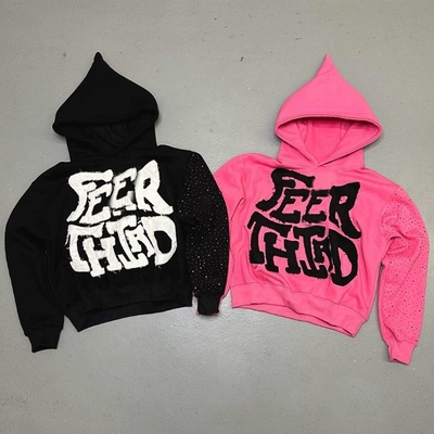 comprar Traje callejero de algodón de punto trabajo de parches de angustia cortado sudadera de estirón rosa negro con estirones online manufacture