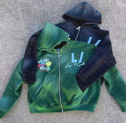 comprar Vintage Sol Desvanecido Acido Lavar Parche Bordado Rhinestone Box Fit Cortado Zip Up Hoodie para hombres Manga Regular online manufacture