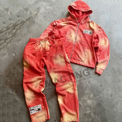 comprar Vintage Sun Fading Acid Wash Trajes de deporte personalizados Rhinestone Distressed Hoodie y pantalones de sudor conjunto online manufacture
