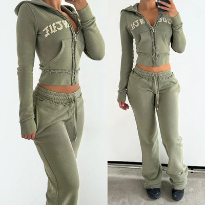 comprar Trajes de deporte de lavado con ácido bordados a medida para mujeres 100% de algodón pantalones de sudor y sudadera con capucha online manufacture