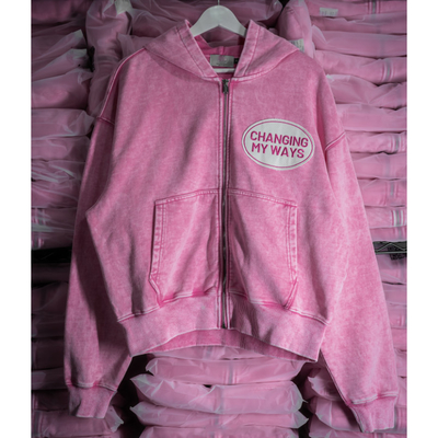 comprar Pintura de bordado de color rosa lavado con nieve, con costumbre, de peso pesado, con cables ajustados, con hombro de 100% algodón, con corta de cierre, con capucha. online manufacture