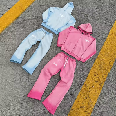 comprar Conjunto de trayectoria vintage personalizado con cremallera de lavado con ácido Traje de atletismoSweatsuitsHoodie y pantalones de atletismo expansivos Traje de atletismo para hombres online manufacture