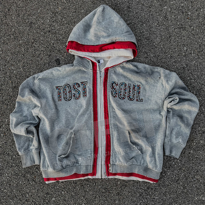 comprar Traje callejero personalizado doble 3 cremallera lavado con ácido Vintage Baggy Boxy Fit Distressed Rhinestone Triple Layer Zip Up Hoodie online manufacture