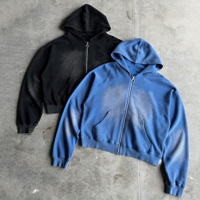 comprar Personalizado 400gm Peso pesado Blanco de gran tamaño Boxy Fit Zip Up Vintage Sol Desvanecido Acido Lavar Waffle Hoodie para hombres online manufacture