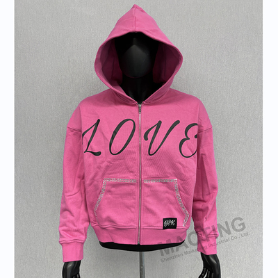 comprar Vestidos de calle personalizados Y2K 100% de algodón Hoodies de gran tamaño de peso pesado Impresión de pantalla de seda Rhinestone Boxy Zip Up Hoodie online manufacture