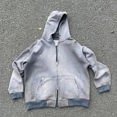 comprar Hombres a medida Pesos pesados de gran tamaño Crop Box Zip Up Acid Stone Wash Distressed Hoodie Unisex Sol Desvanecido Zipper Sweatshirt Vintage online manufacture
