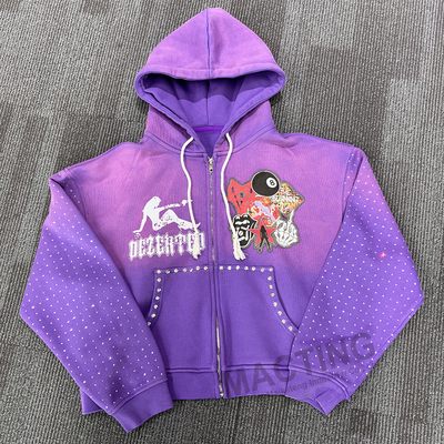 comprar Vestidos de calle personalizados Vintage Hoodies Lavados Sol Desvanecido Patchwork Estampado Rhinestone Casilla Recortada Zip Up Hoodie para hombres online manufacture