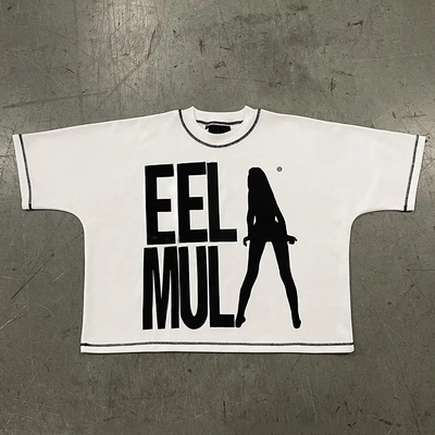 comprar T-shirt con cuello redondo blanco con costura de contraste 300Gsm de peso pesado de algodón con caja de ajuste cortado T-shirts hombres online manufacture