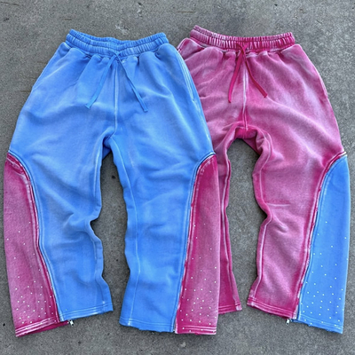 comprar Pantalones de sudor de algodón vintage de peso pesado de cintura doble a medida Pantalones de sudor de lavado ácido de vintage Pantalones de sudor de rhinestone de piernas anchas para hombres online manufacture