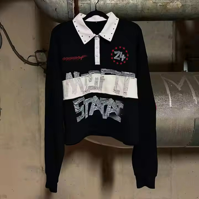comprar Vestidos callejeros personalizados de 2025 Botón rayado hasta el cuello Gran tamaño Rinestón Dtg Impresión Manga larga Camisas de polo de rugby para hombres online manufacture