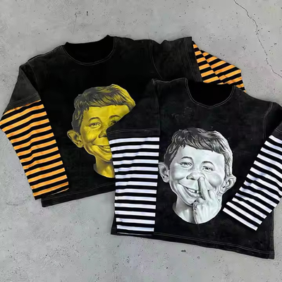 comprar Camiseta de manga larga de doble capa para hombres con lavado de ácido personalizado 350 gramos Camiseta gráfica de peso pesado con estampado de rayas online manufacture