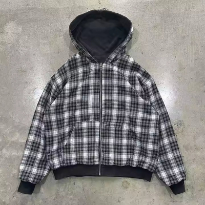 comprar Lavado con ácido a medida bordado con rayas de franela con cremallera con capucha chaqueta de doble capa con capucha a cuadros reversible en 100% algodón online manufacture