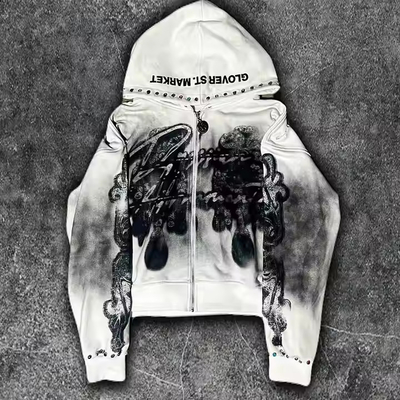 comprar Camiseta con capucha de hombre con cremallera lavada y sucia con logotipo gráfico impreso Francés Terry Streetwear Vintage Distressed Hoodie online manufacture