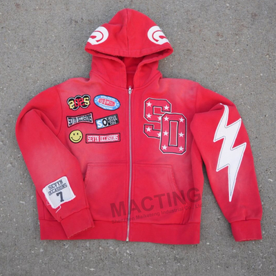 comprar Fabricante de sudaderas con capucha personalizadas para hombre, ropa de calle, vintage, con lavado ácido, bordado desgastado, apliques y patchwork, sudadera con capucha con lavado ácido online manufacture