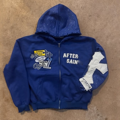 comprar Adesivos Otoño Invierno Embroidery Distressed Rhinestone Peso pesado 500 Gsm francés Terry Boxy de gran tamaño Zip Up Hoodie online manufacture