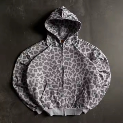 comprar Diseño personalizado cremallera más tamaño de caja recortado leopardo Impresión de cremallera de algodón vintage Terry Acid Wash Streetwear con capucha para hombres online manufacture