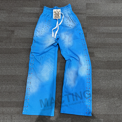 comprar Pantalones deportivos pesados de temporada para hombre en tejido de rizo de algodón con lavado ácido, adornos de pedrería con remaches y frente plano online manufacture