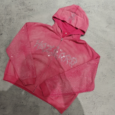 comprar Chaquetas con cremallera de lavado ácido de ajuste holgado y cuadrado con diamantes personalizados, estilo vintage, de gran peso, para hombre, con capucha y pedrería desgastada online manufacture