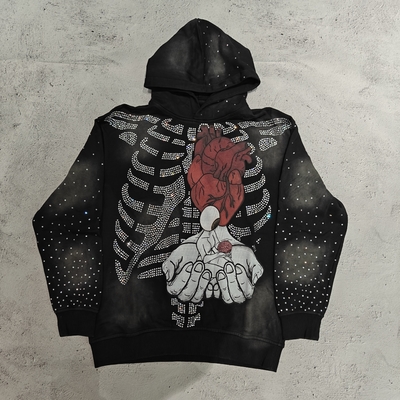 comprar Sudaderas con capucha personalizadas de alta calidad para hombre, estilo urbano, con estampado de calaveras de esqueleto, vintage, lavado ácido, descolorido por el sol y con pedrería online manufacture