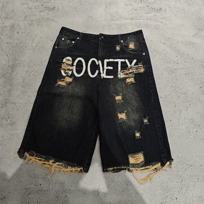 comprar Fabricante personalizado calzoncillos de jeans cortos impresos ropa callejera vintage negro lavado pantalones cortos de denim con bolsas para hombres online manufacture