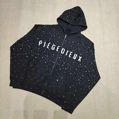 comprar Sudaderas con capucha para hombre con cremallera, bordado desgastado, apliques, cremallera, pedrería, de rizo francés personalizado, 100% algodón pesado online manufacture