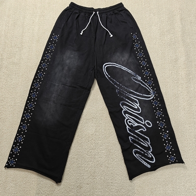 comprar Pantalones de chándal personalizados, de felpa francesa de algodón sobredimensionados, de pierna recta, holgados, con lavado ácido y acampanados, con pedrería para hombre online manufacture
