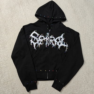 comprar Custom Distressed Embroidery Boxy Cropped Zipper Streetwear 400 gsm 600gsm Men Zip up Heavyweight Rhinestone Hoodie online manufacture