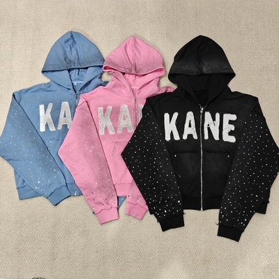 comprar Custom 2025 New Dirty Washed Mens hoodies Y2k Streetwear Vintage Distressed Applique Embroidery Rhinestone Zip up Hoodie online manufacture